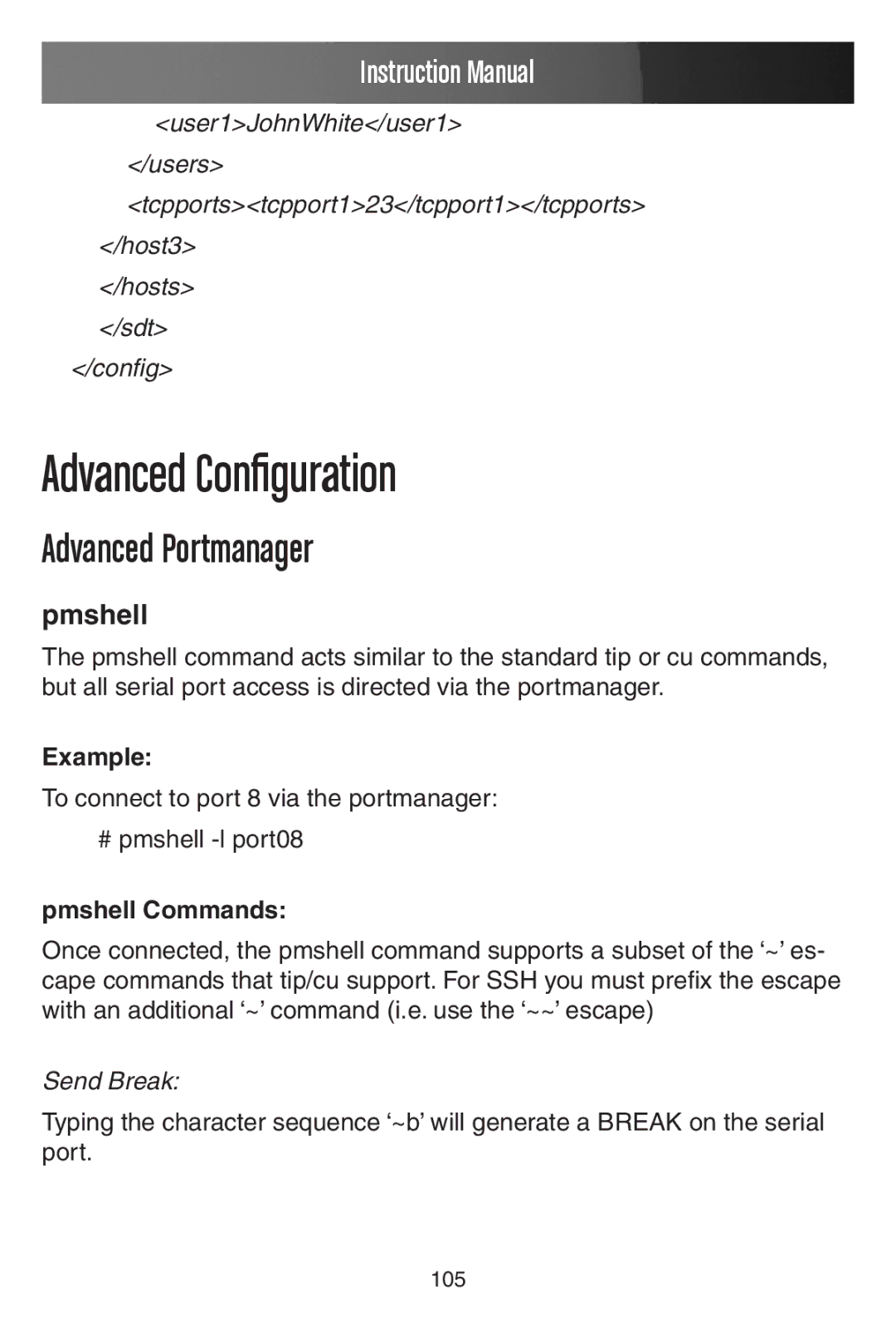 StarTech.com ECS0016 manual Advanced Configuration, Advanced Portmanager, Example, Pmshell Commands 