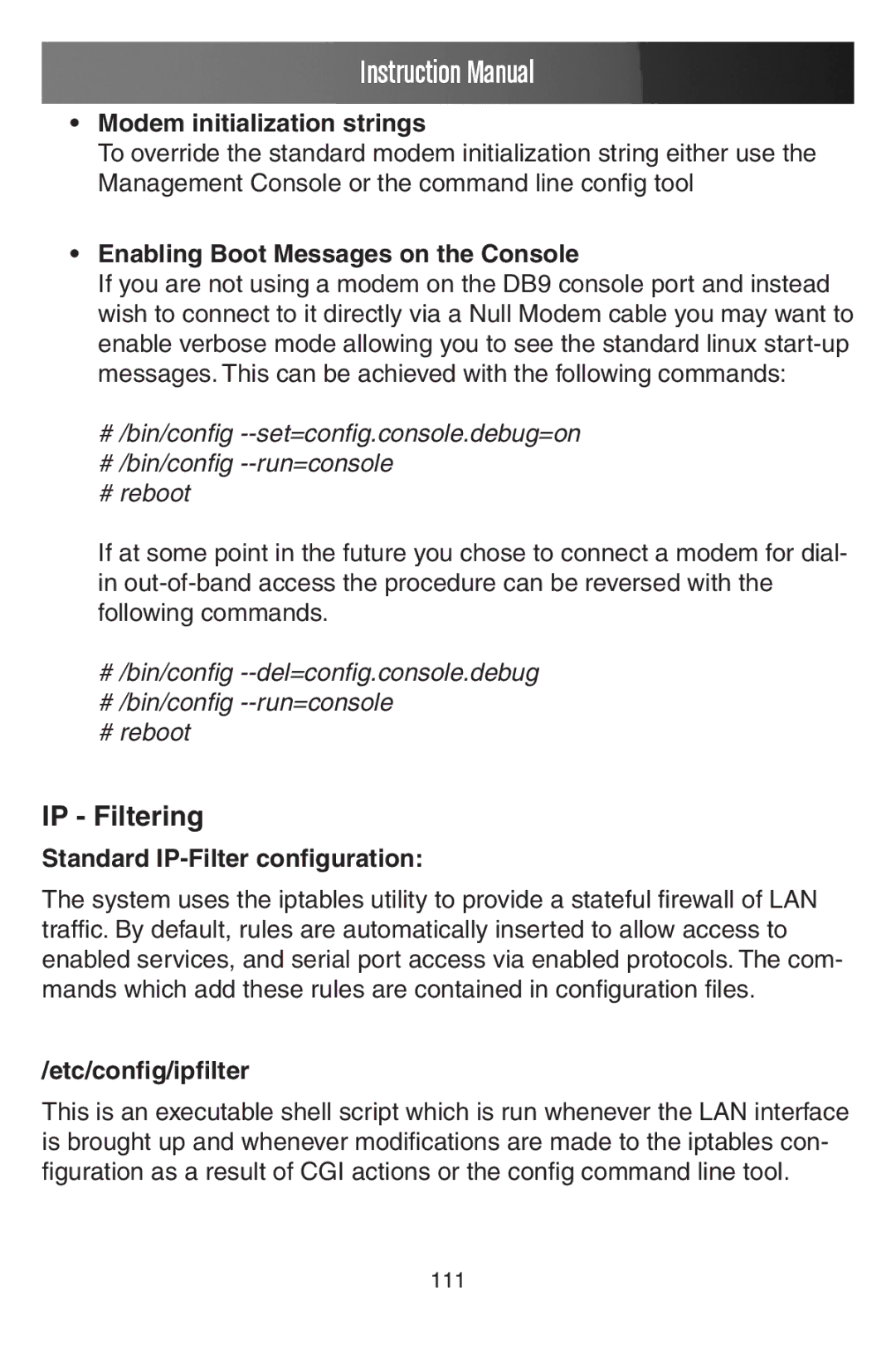 StarTech.com ECS0016 manual IP Filtering, Modem initialization strings, Enabling Boot Messages on the Console 