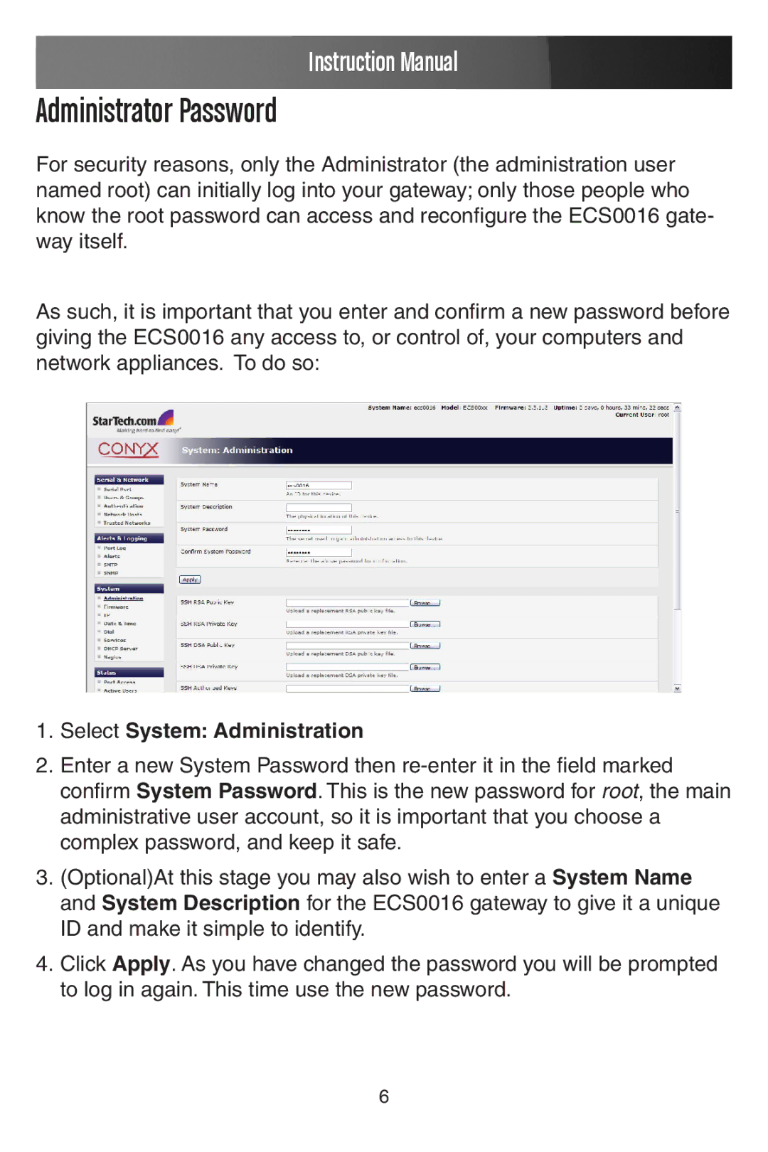 StarTech.com ECS0016 manual Administrator Password, Select System Administration 