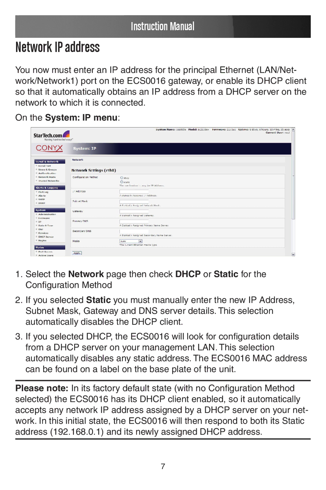 StarTech.com ECS0016 manual Network IP address, On the System IP menu 