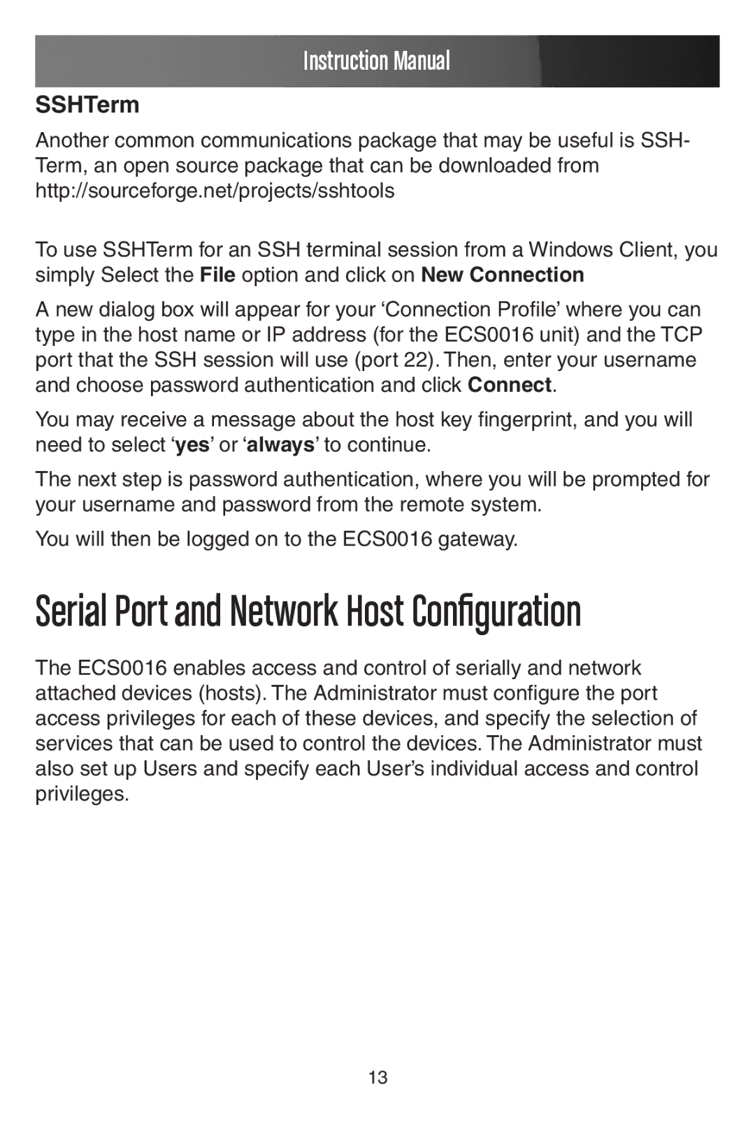 StarTech.com ECS0016 manual Serial Port and Network Host Configuration, SSHTerm 