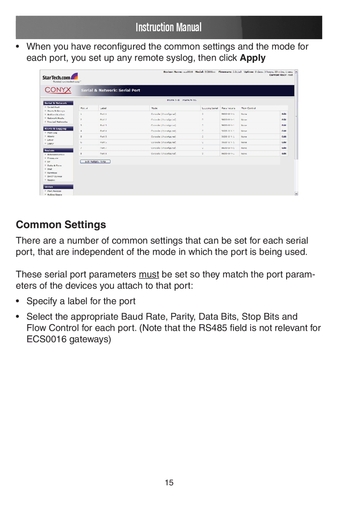 StarTech.com ECS0016 manual Common Settings 