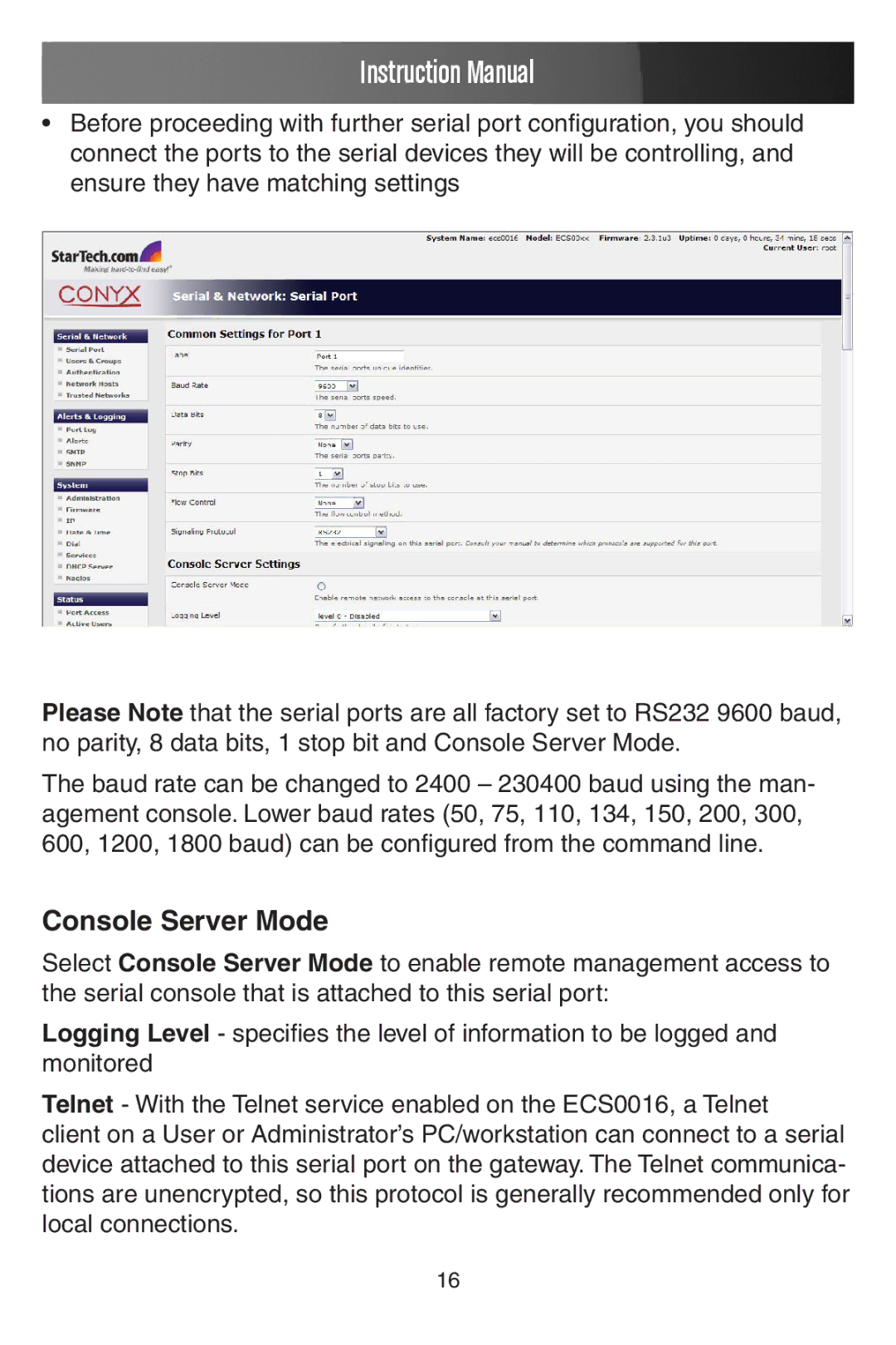 StarTech.com ECS0016 manual Console Server Mode 