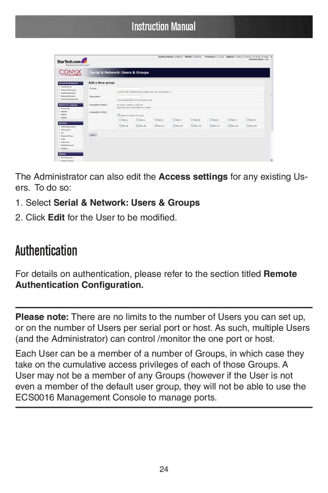 StarTech.com ECS0016 manual Select Serial & Network Users & Groups, Authentication Configuration 