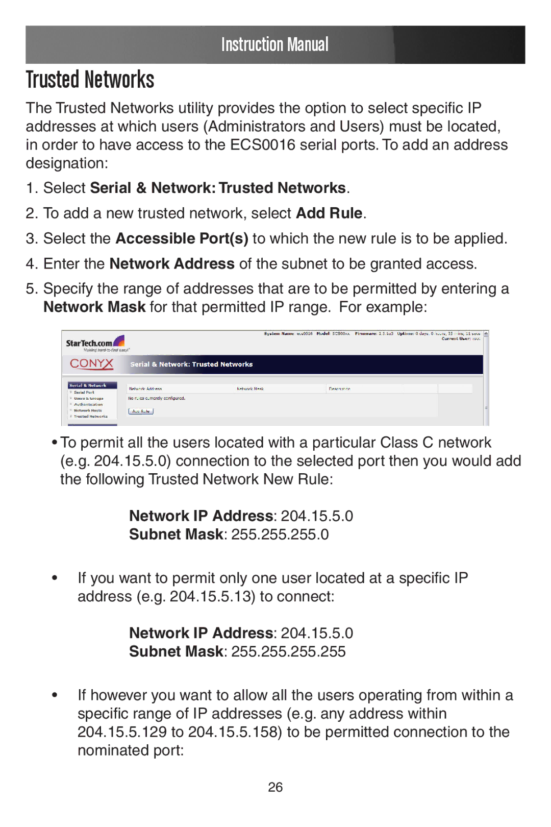 StarTech.com ECS0016 manual Select Serial & Network Trusted Networks, Network IP Address 