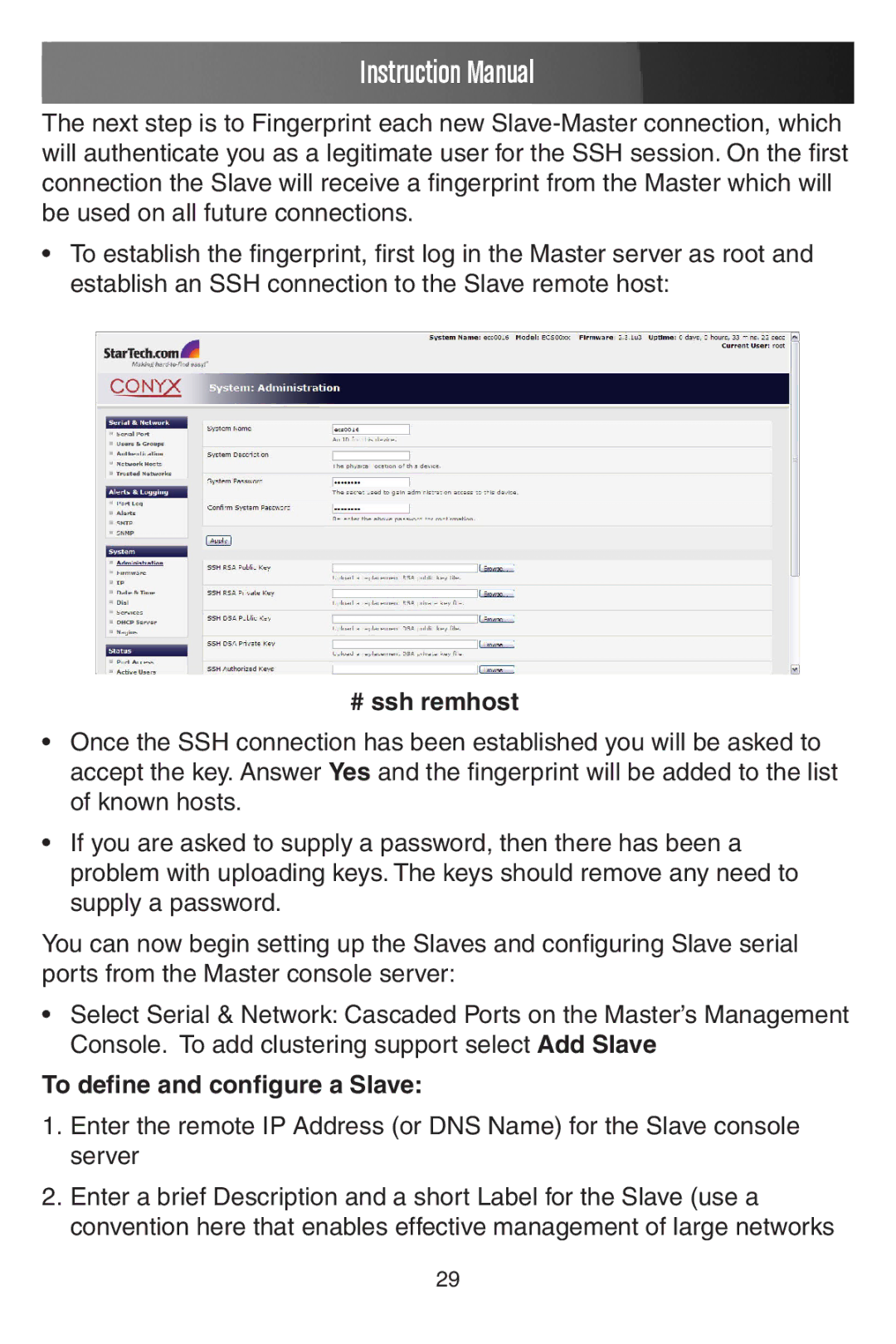 StarTech.com ECS0016 manual # ssh remhost, To define and configure a Slave 