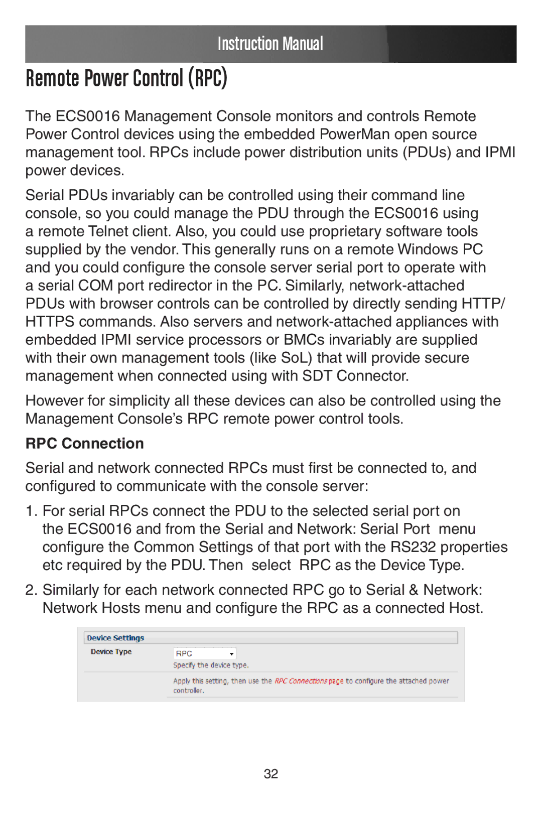 StarTech.com ECS0016 manual Remote Power Control RPC, RPC Connection 