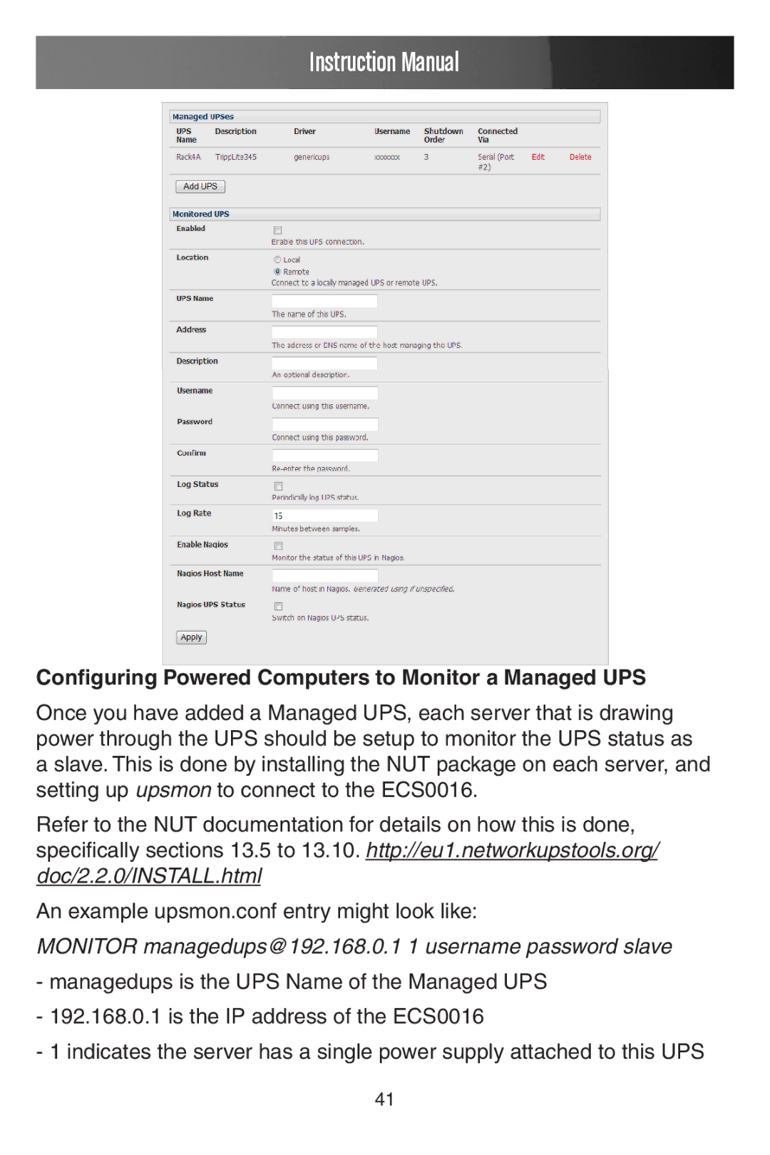 StarTech.com ECS0016 manual Configuring Powered Computers to Monitor a Managed UPS 