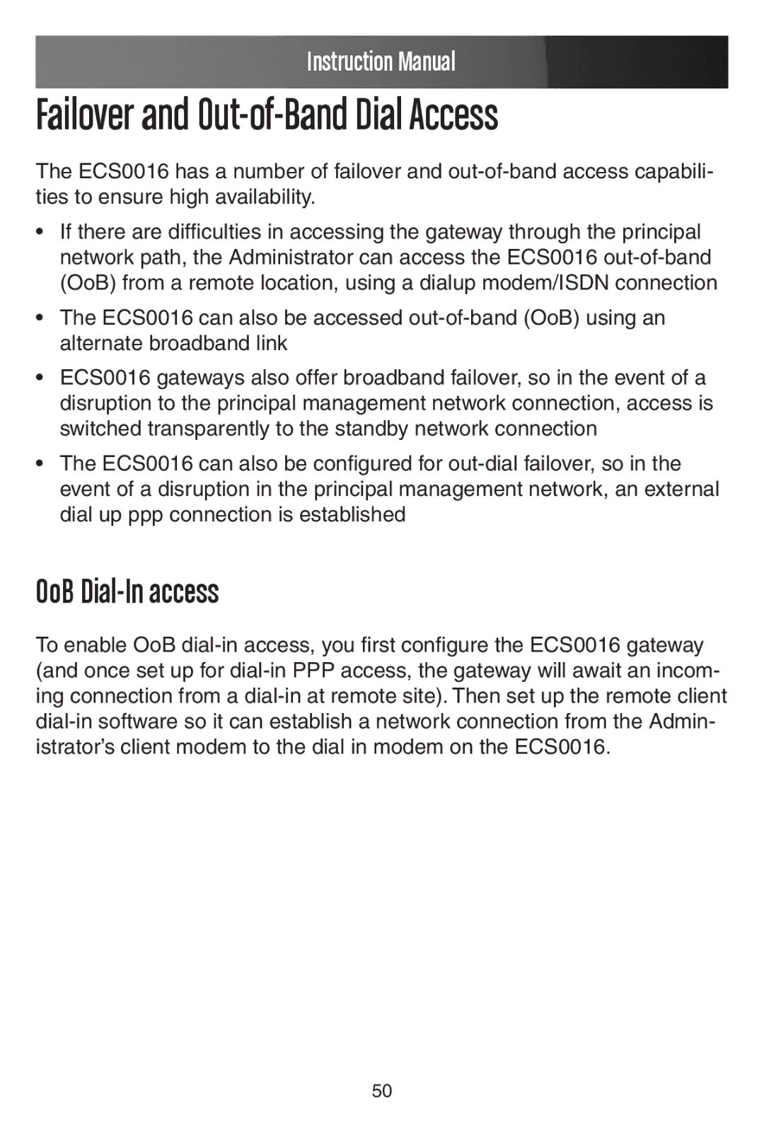 StarTech.com ECS0016 manual Failover and Out-of-Band Dial Access, OoB Dial-In access 