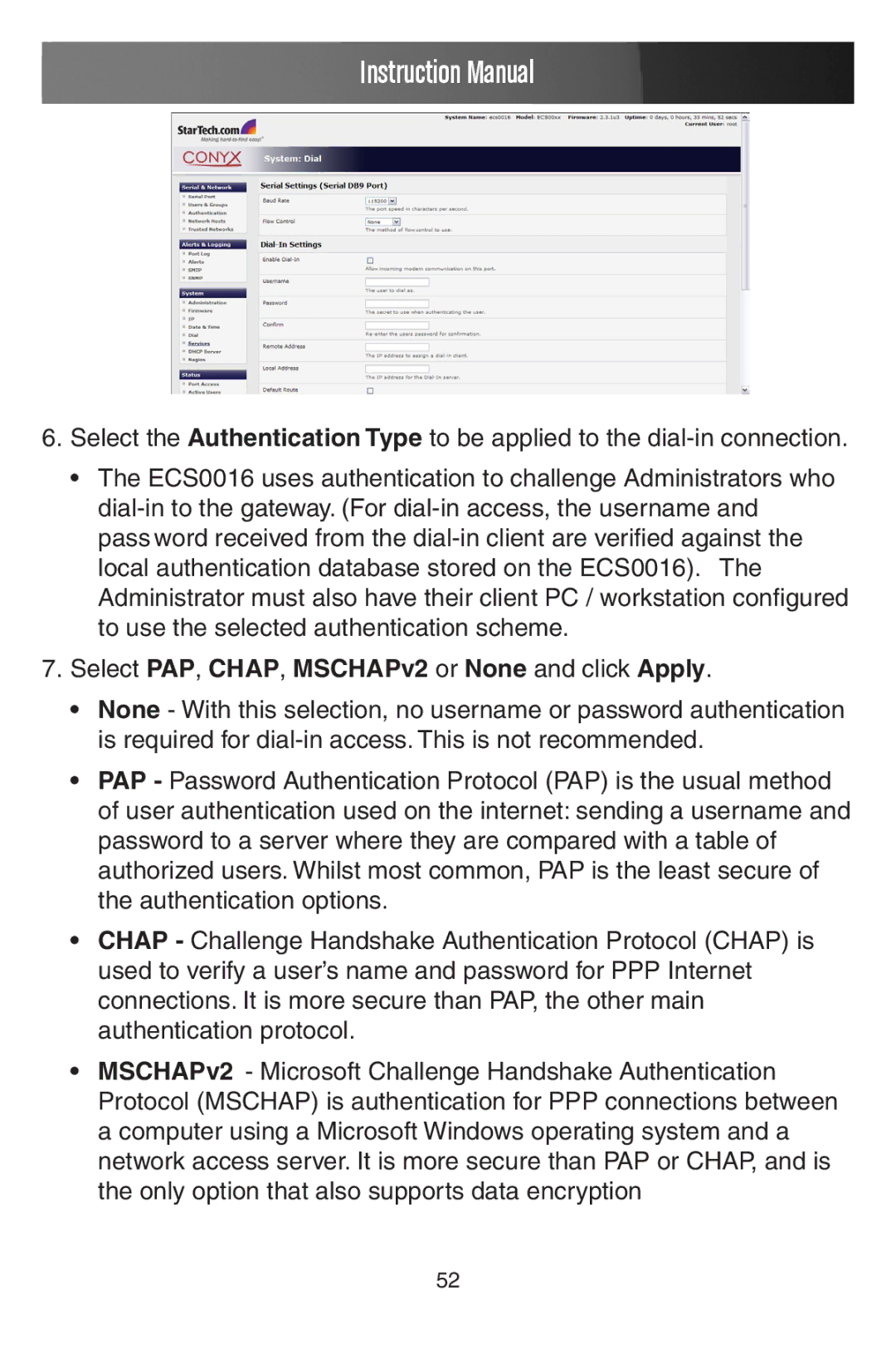 StarTech.com ECS0016 manual Select PAP, CHAP, MSCHAPv2 or None and click Apply 