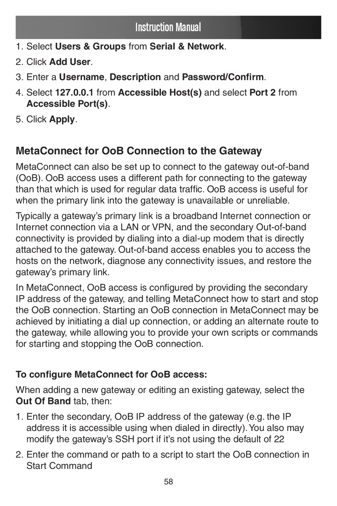 StarTech.com ECS0016 manual MetaConnect for OoB Connection to the Gateway, To configure MetaConnect for OoB access 