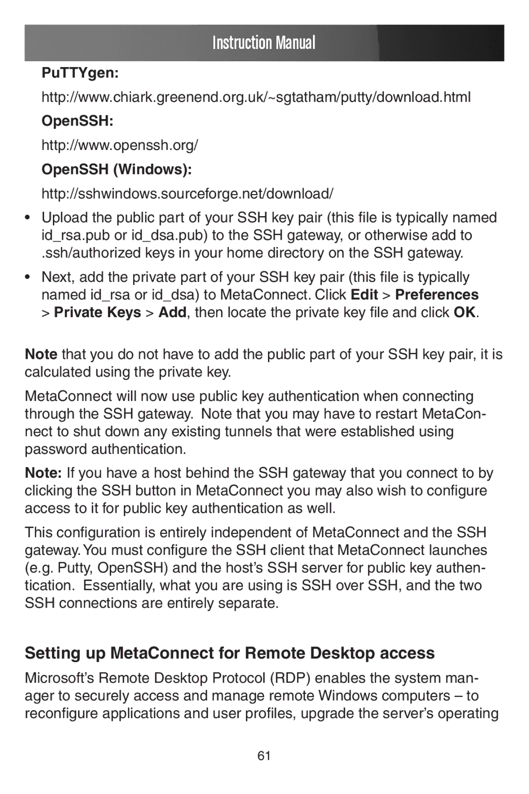 StarTech.com ECS0016 manual Setting up MetaConnect for Remote Desktop access, PuTTYgen OpenSSH OpenSSH Windows 