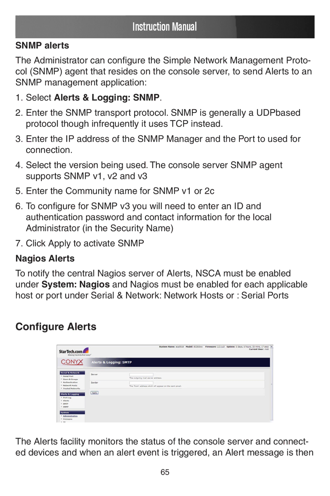 StarTech.com ECS0016 manual Configure Alerts, Snmp alerts, Select Alerts & Logging Snmp, Nagios Alerts 