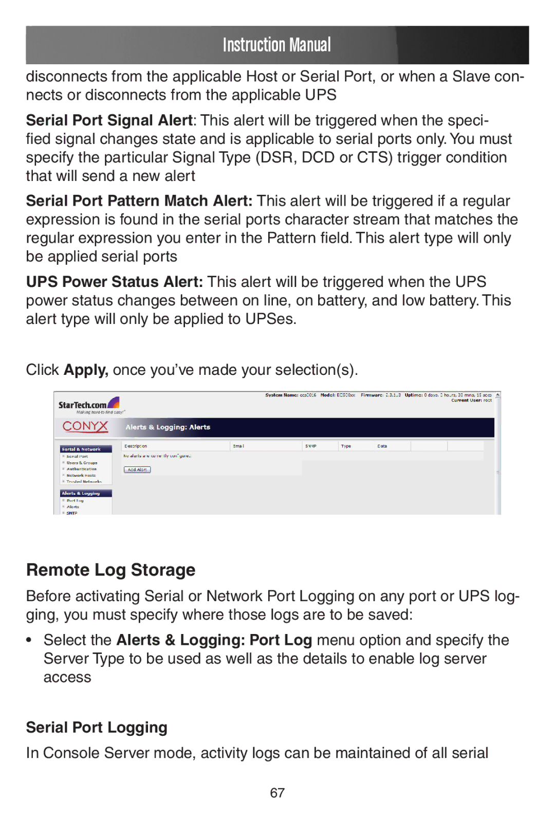 StarTech.com ECS0016 manual Remote Log Storage, Serial Port Logging 