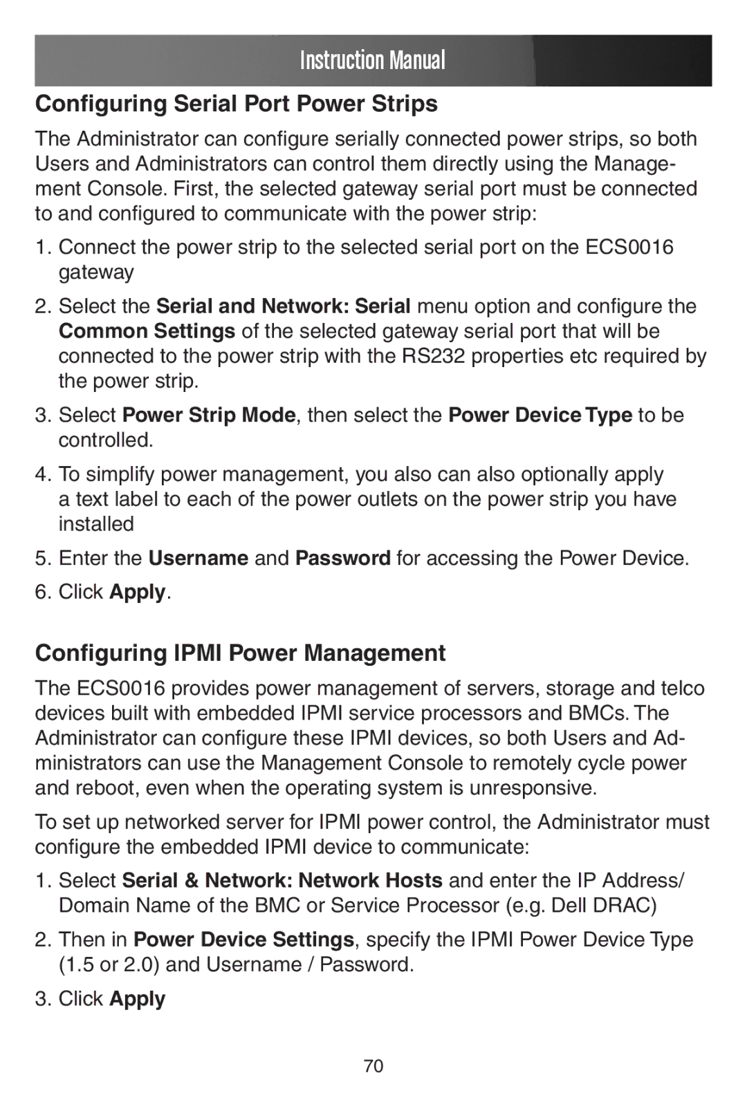 StarTech.com ECS0016 manual Configuring Serial Port Power Strips, Configuring Ipmi Power Management 