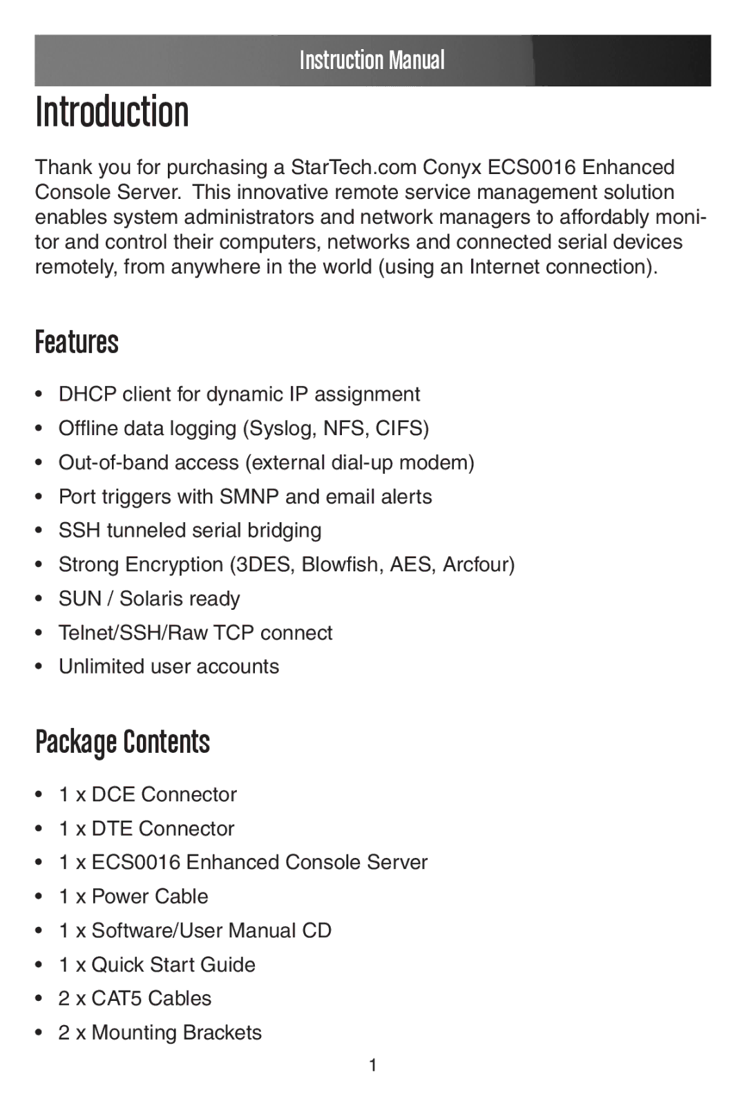 StarTech.com ECS0016 manual Introduction, Features, Package Contents 