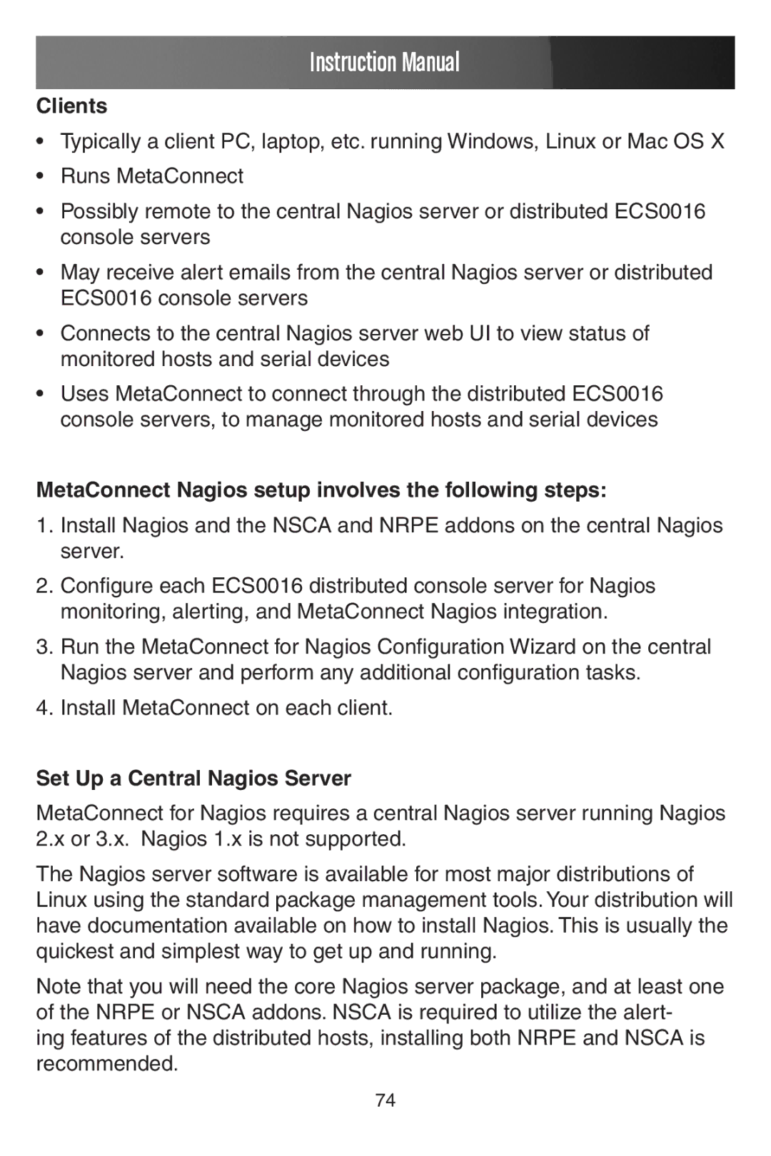 StarTech.com ECS0016 manual Clients, MetaConnect Nagios setup involves the following steps, Set Up a Central Nagios Server 