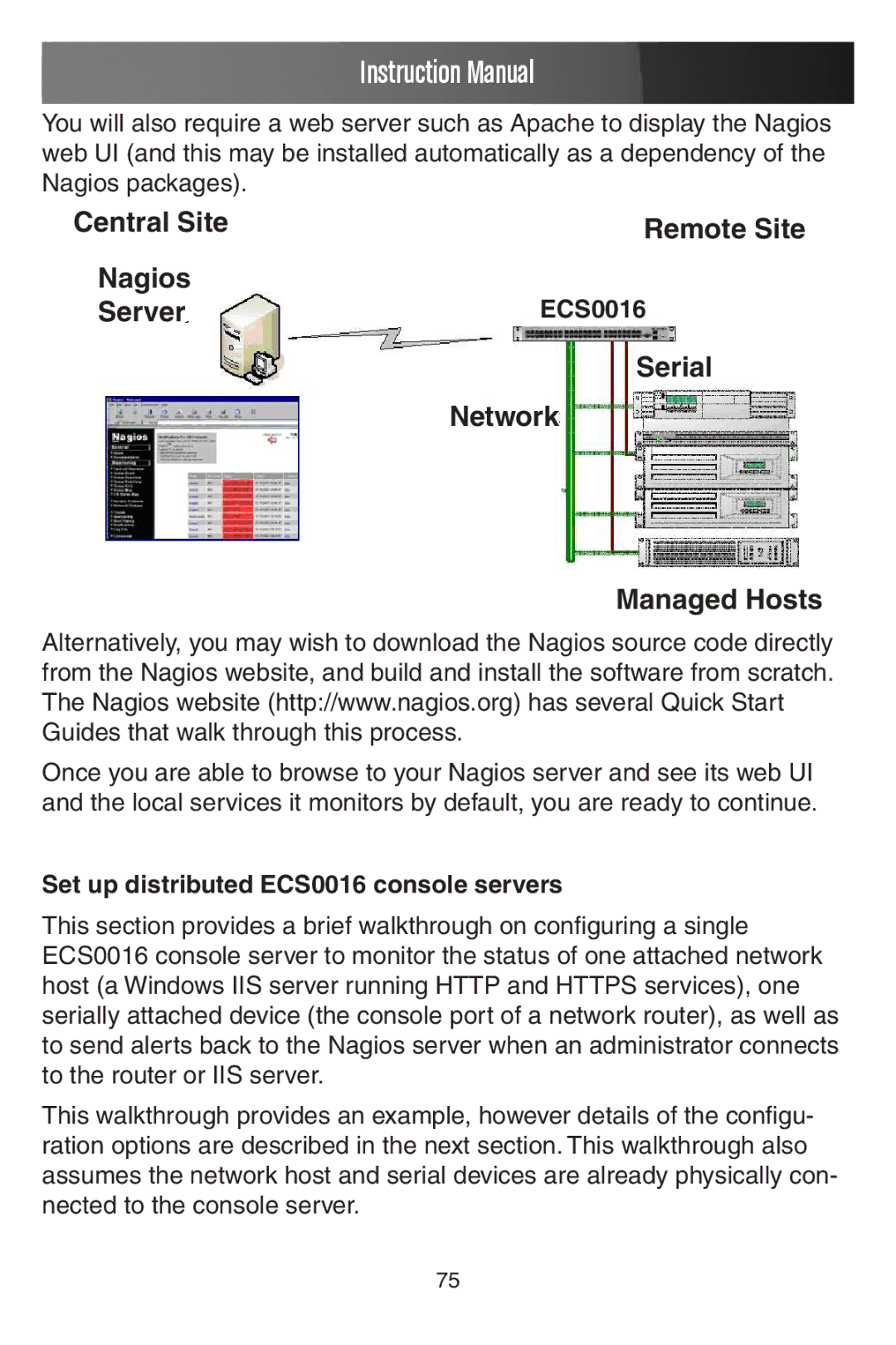 StarTech.com ECS0016 manual Central Site Remote Site Nagios Server, Network, Managed Hosts, Serial 