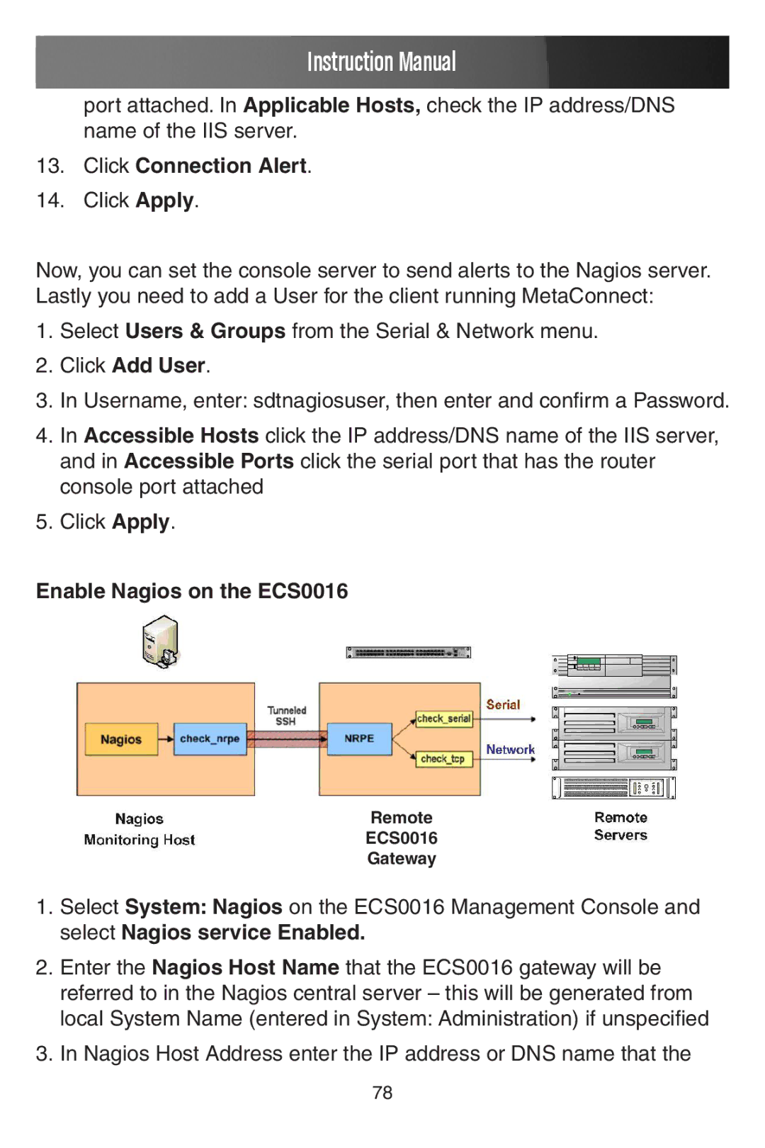 StarTech.com manual Click Connection Alert, Enable Nagios on the ECS0016 