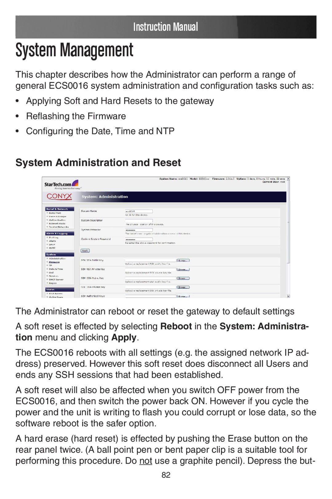 StarTech.com ECS0016 manual System Management, System Administration and Reset 