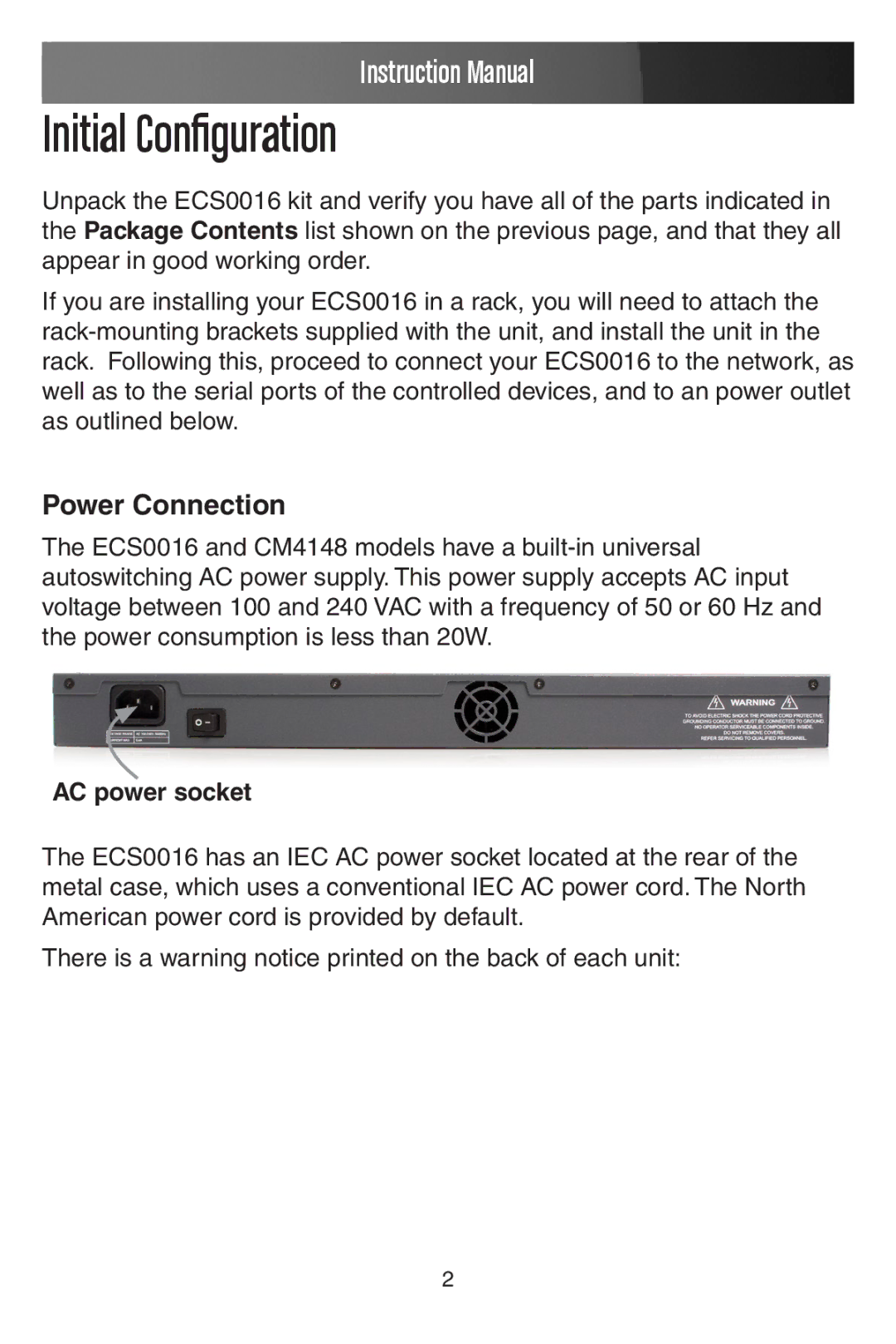 StarTech.com ECS0016 manual Initial Configuration, Power Connection, AC power socket 