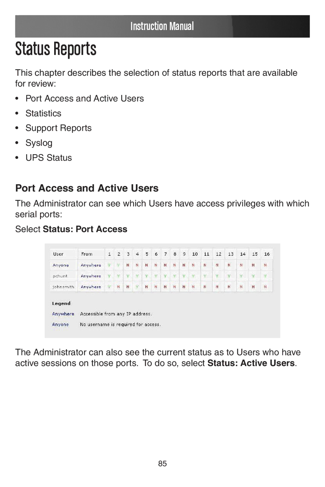 StarTech.com ECS0016 manual Status Reports, Port Access and Active Users, Select Status Port Access 