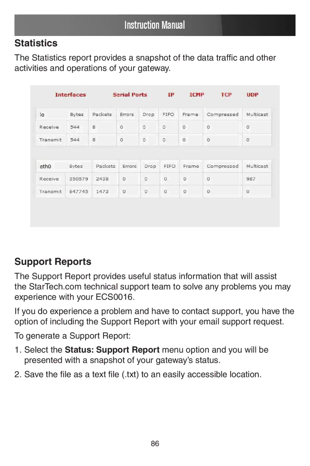 StarTech.com ECS0016 manual Statistics, Support Reports 