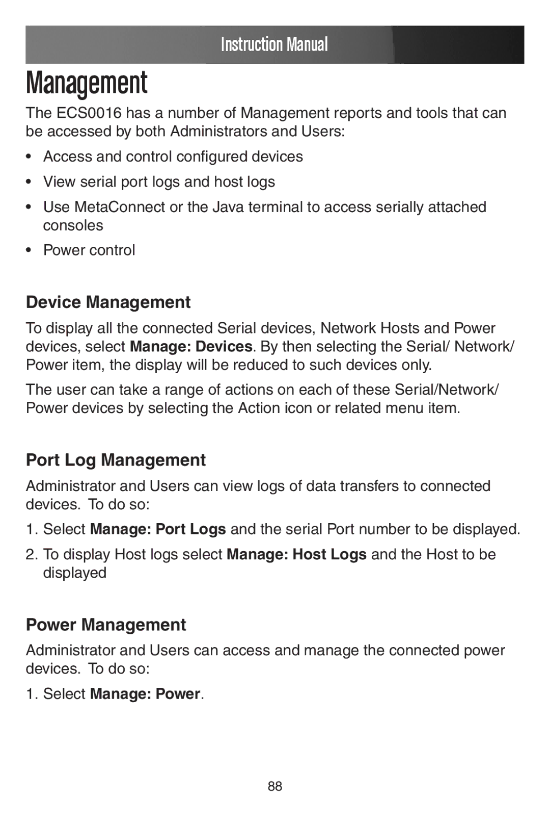 StarTech.com ECS0016 manual Device Management, Port Log Management, Power Management, Select Manage Power 