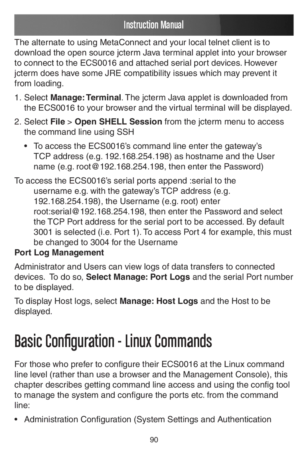 StarTech.com ECS0016 manual Basic Configuration Linux Commands, Port Log Management 