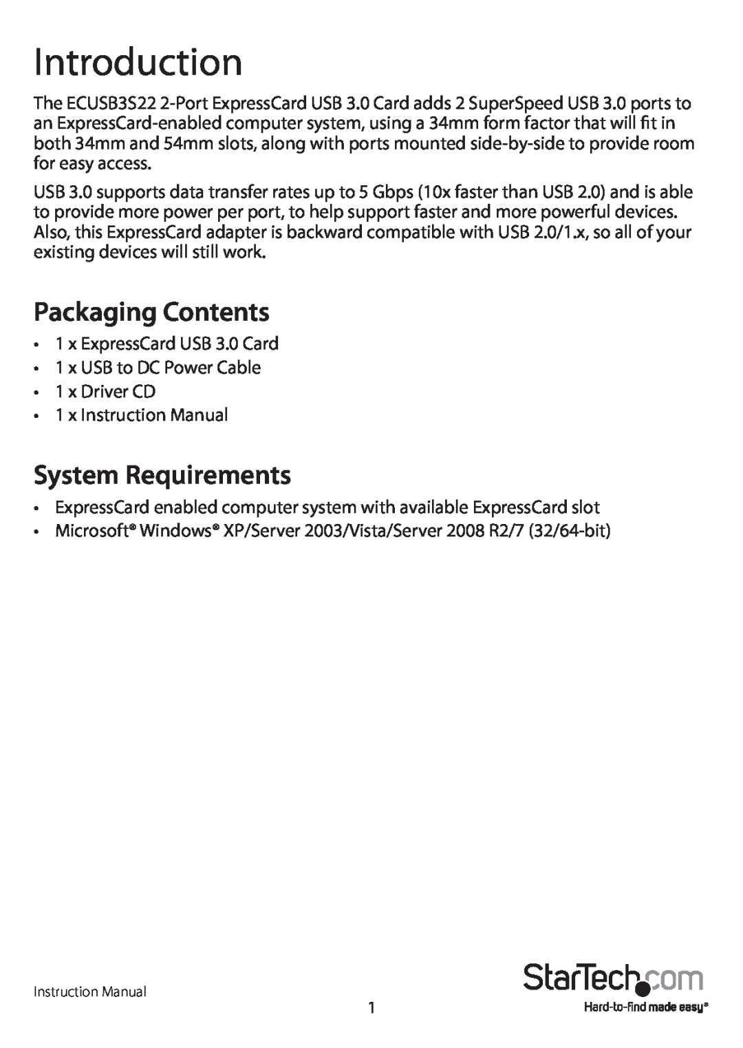 StarTech.com ecusb3s22 manual Introduction, Packaging Contents, System Requirements 