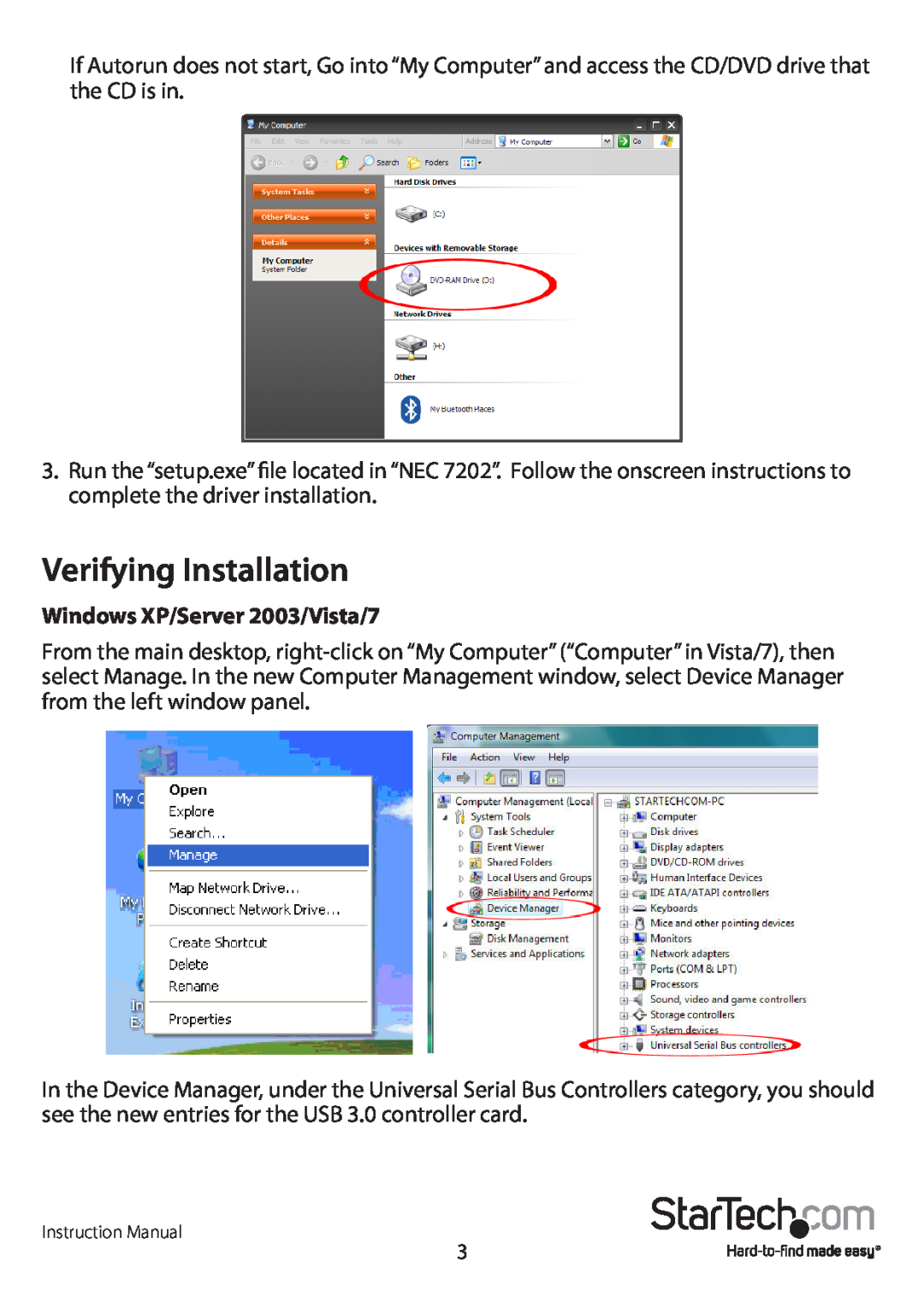StarTech.com ecusb3s22 manual Verifying Installation, Windows XP/Server 2003/Vista/7 