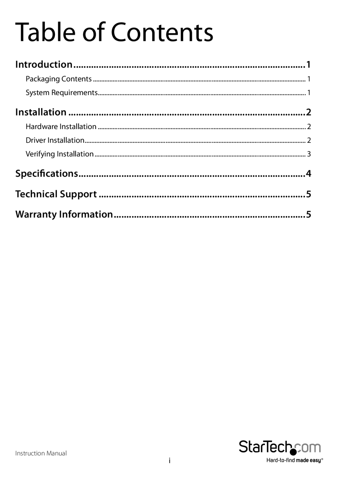 StarTech.com ecusb3s22 manual Table of Contents 