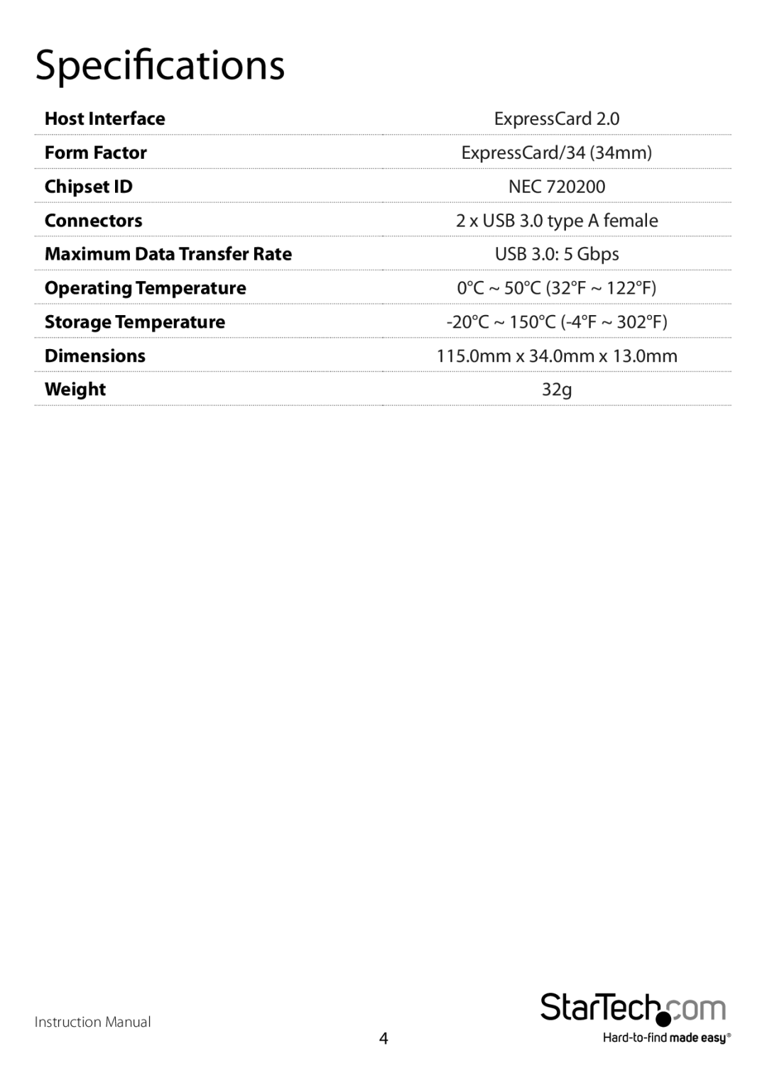 StarTech.com ecusb3s22 manual Specifications 