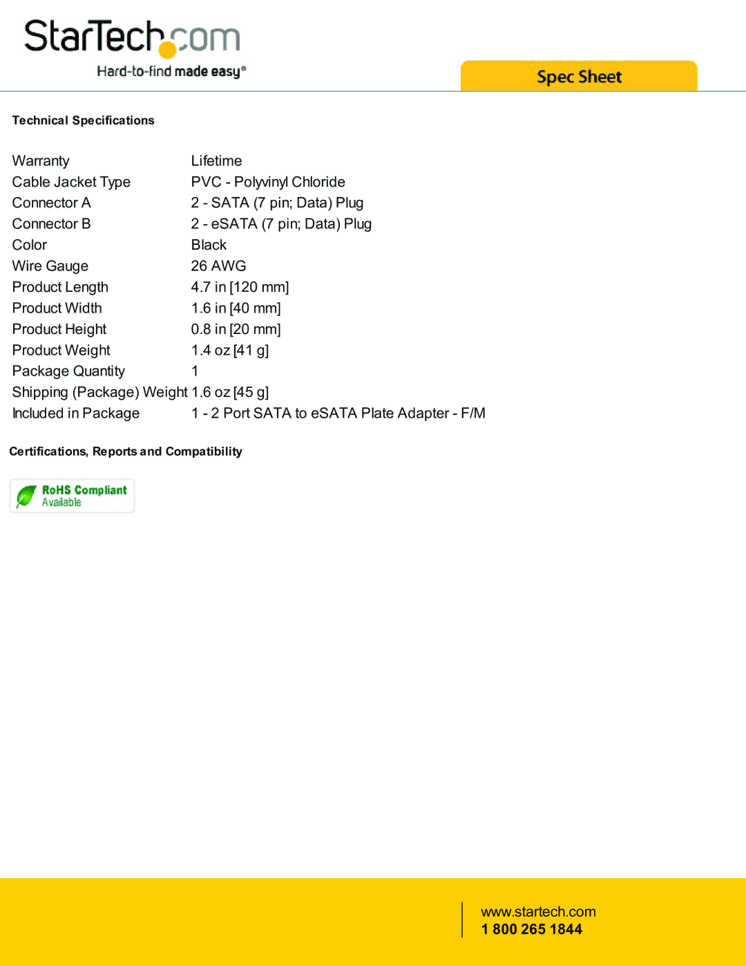 StarTech.com ESATAPLT2M warranty Technical Specifications 