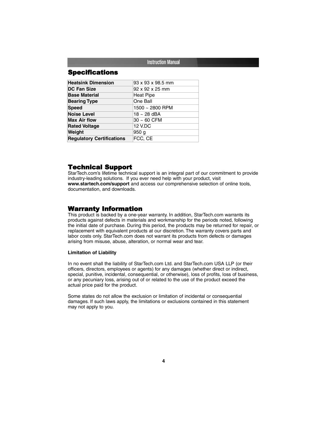 StarTech.com FAN939775HP instruction manual Specifications, Technical Support Warranty Information, Limitation of Liability 