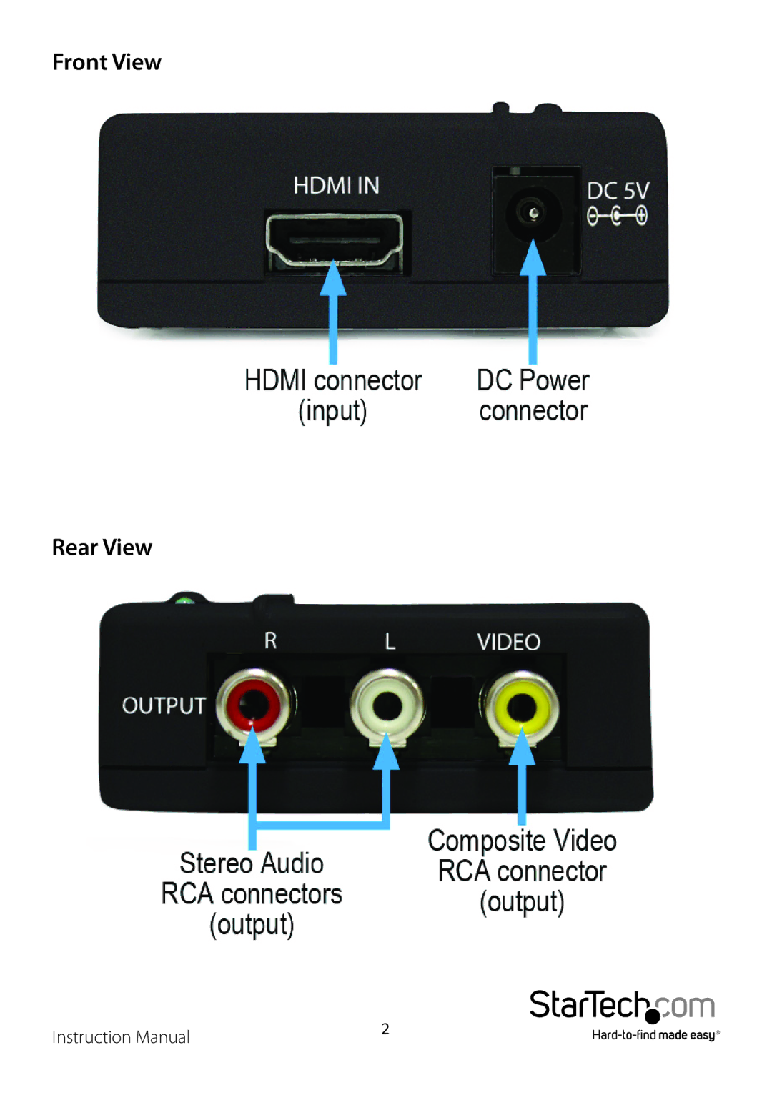 StarTech.com HD2VID manual Front View Rear View 