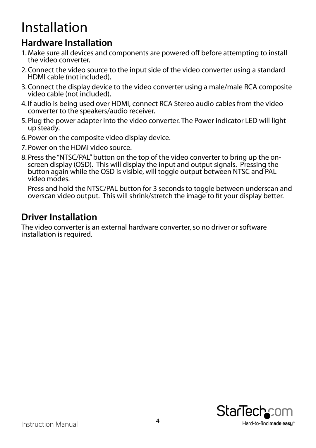 StarTech.com HD2VID manual Hardware Installation 