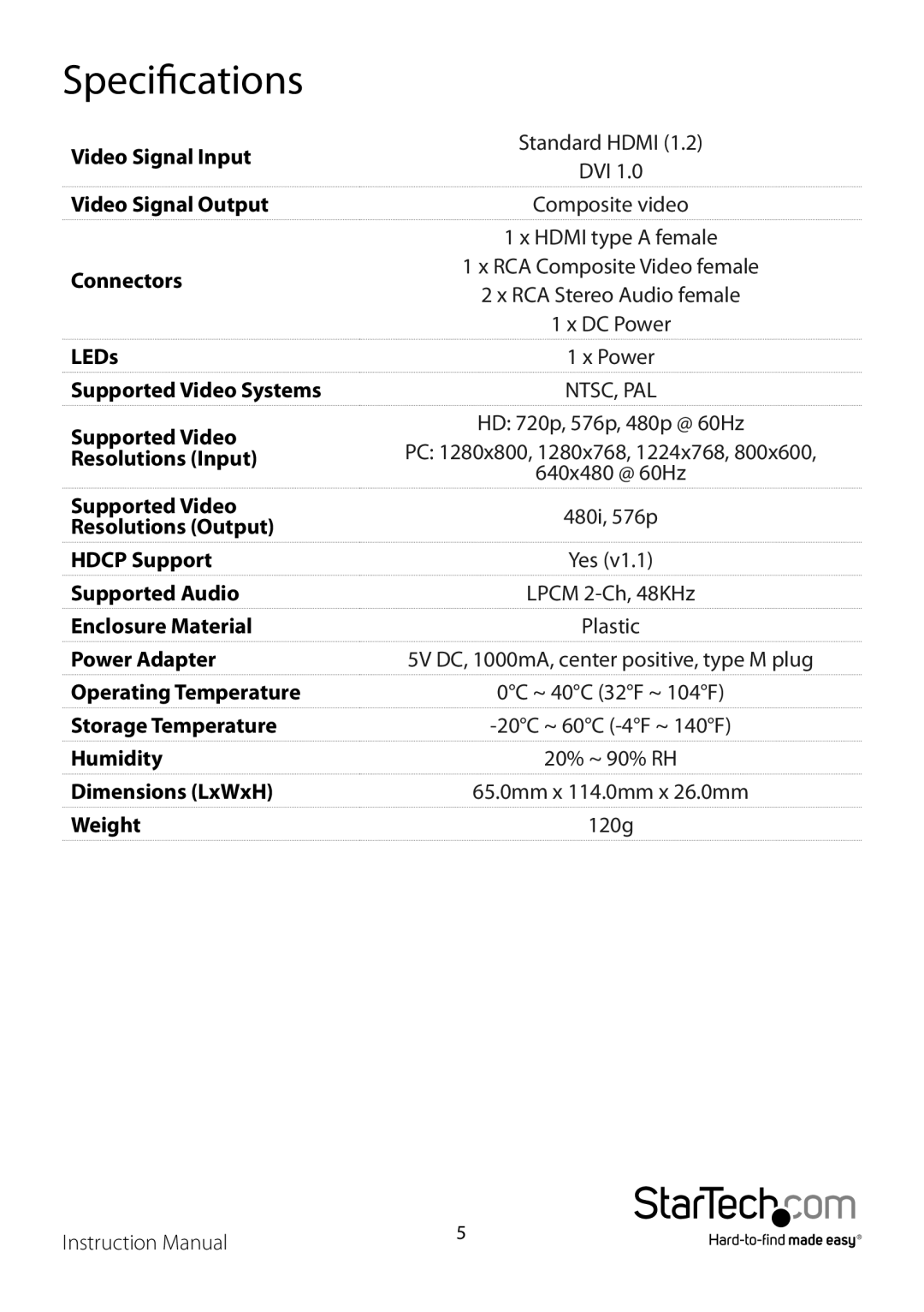 StarTech.com HD2VID manual Specifications, Ntsc, Pal 