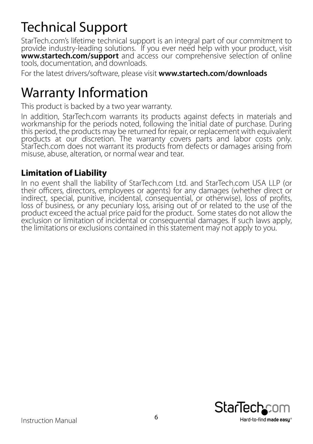 StarTech.com HD2VID manual Technical Support Warranty Information, Limitation of Liability 