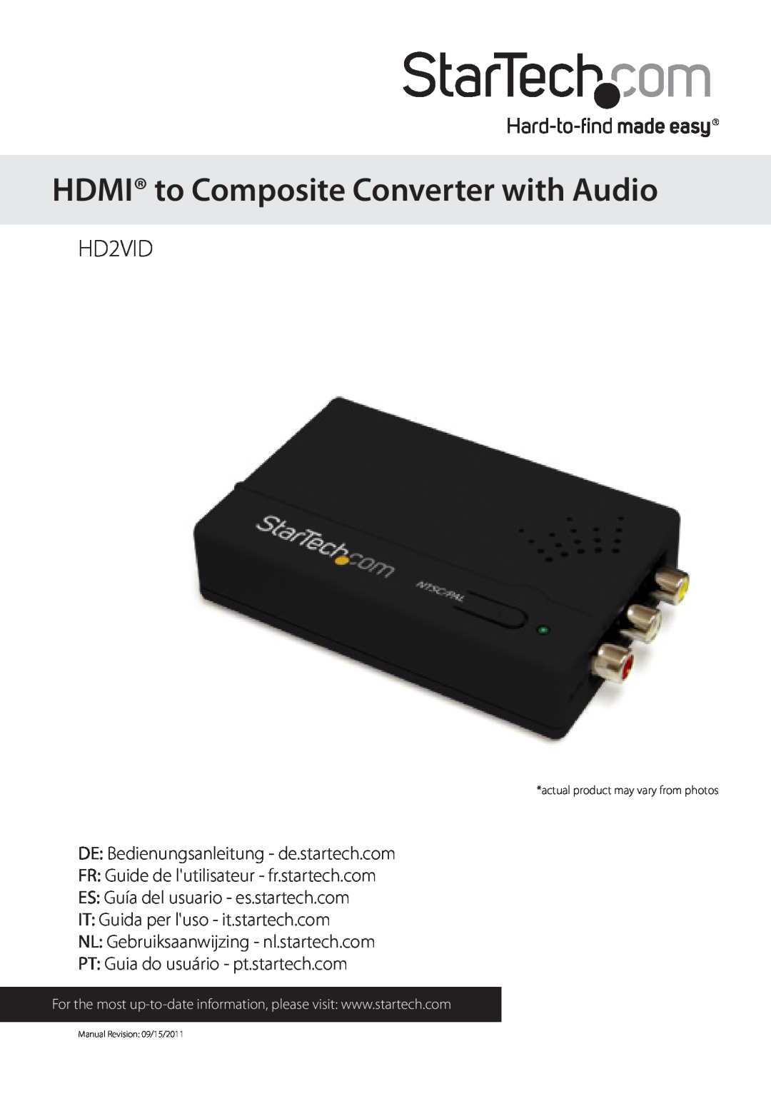 StarTech.com HD2VID manual HDMI to Composite Converter with Audio, actual product may vary from photos 