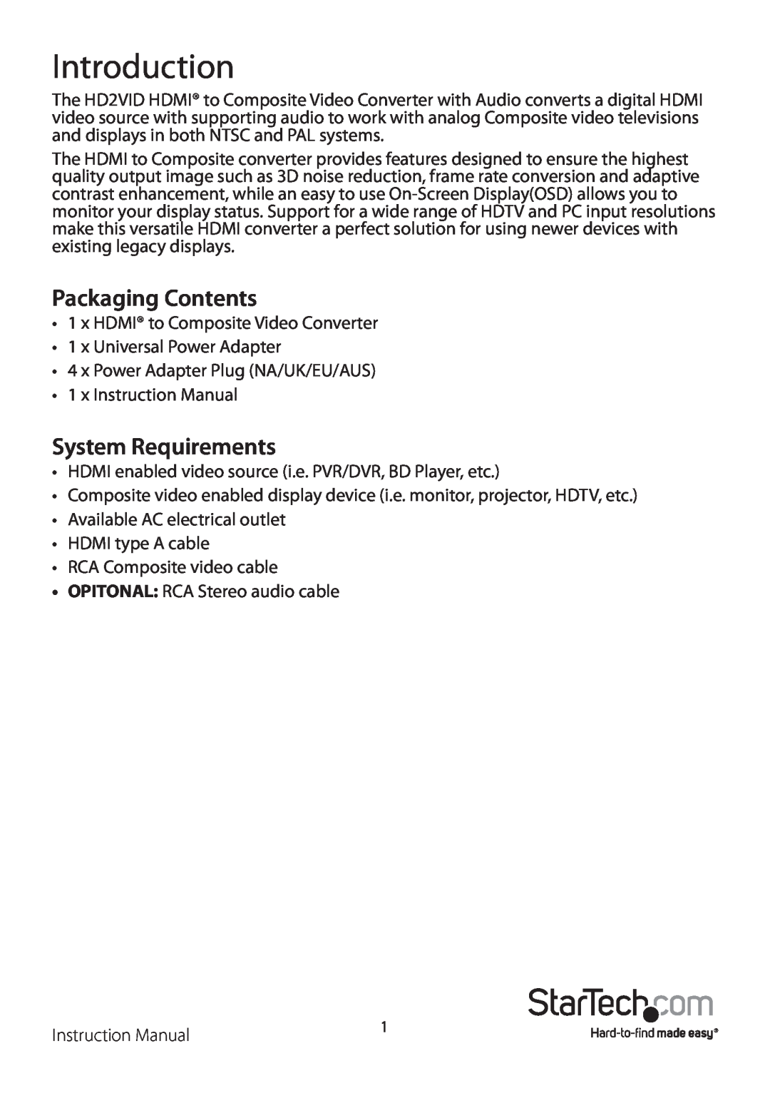 StarTech.com HD2VID manual Introduction, Packaging Contents, System Requirements 