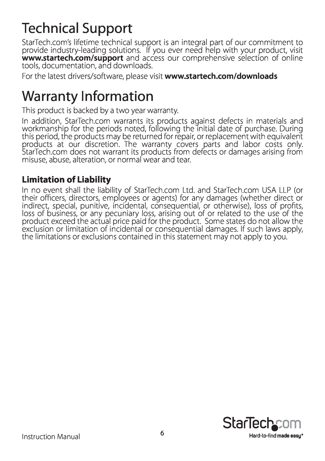 StarTech.com HD2VID manual Technical Support, Warranty Information, Limitation of Liability 