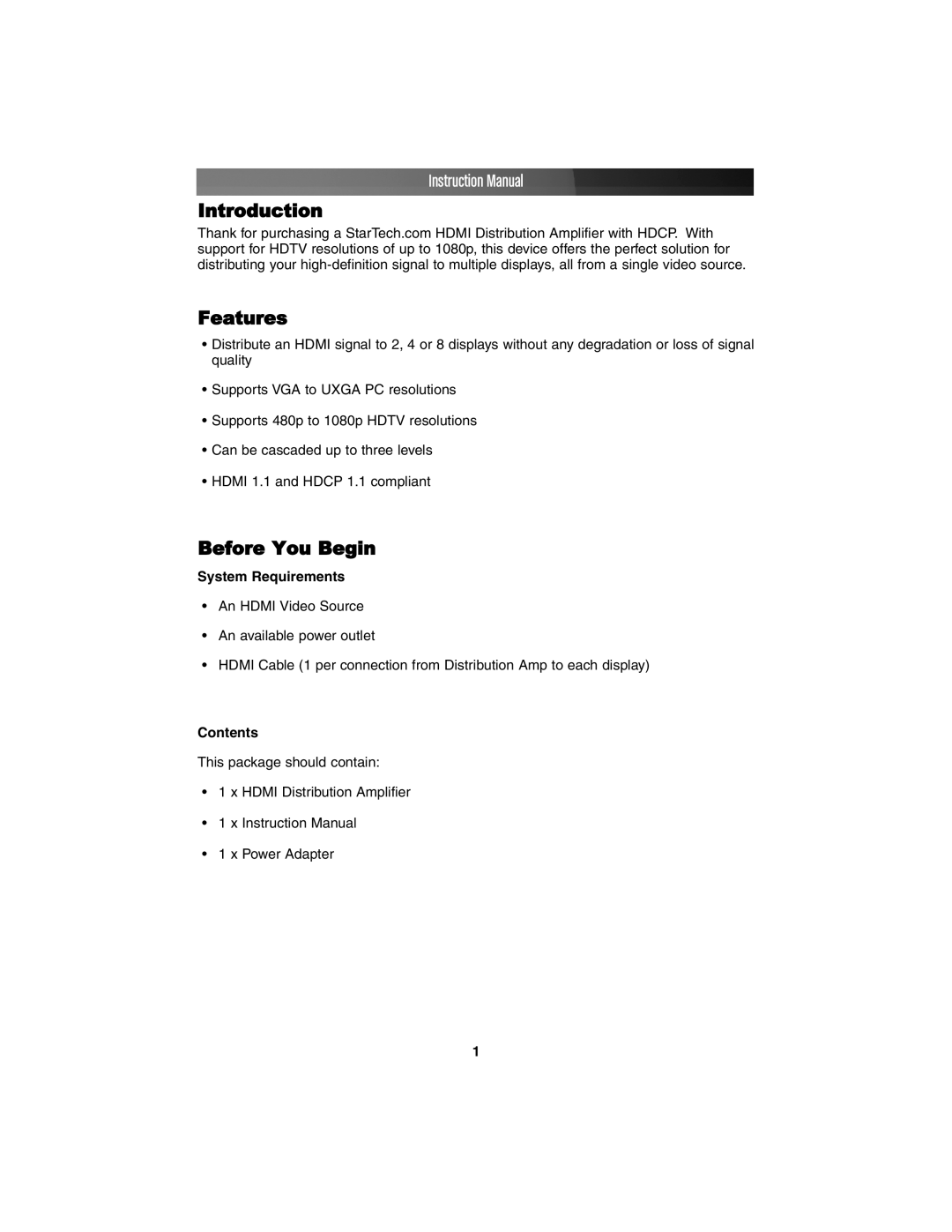 StarTech.com hdmi distribution amplifier instruction manual Introduction Features, Before You Begin 