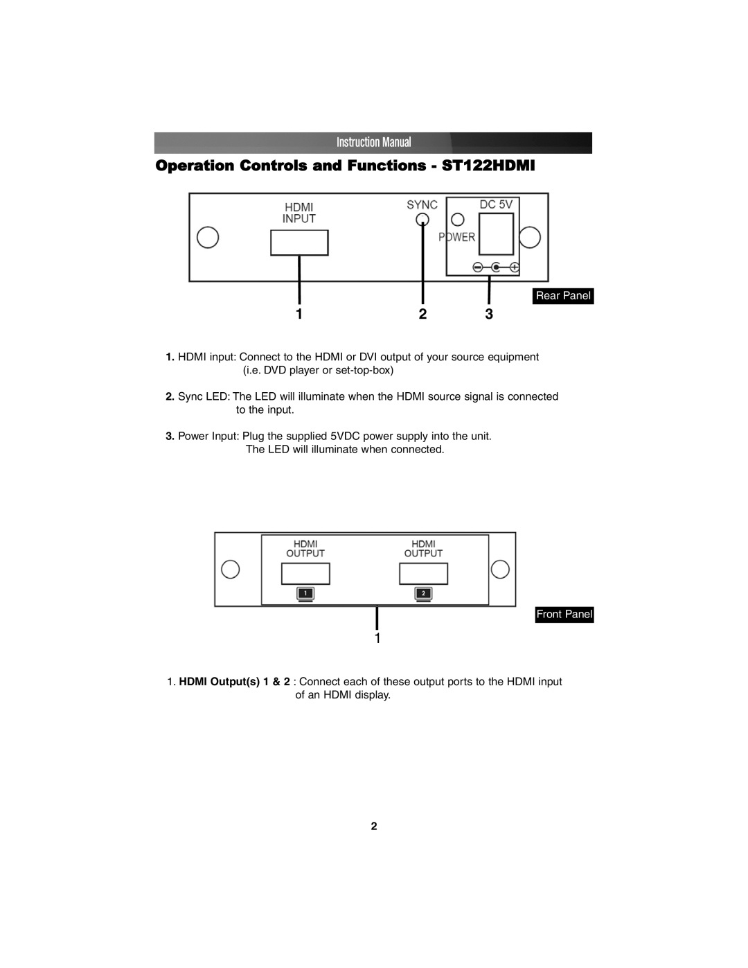 StarTech.com hdmi distribution amplifier instruction manual Operation Controls and Functions ST122HDMI, Rear Panel 