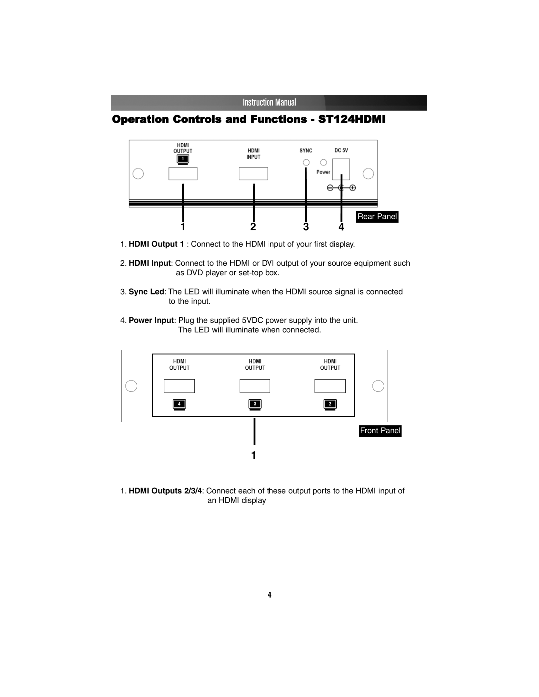 StarTech.com hdmi distribution amplifier instruction manual Operation Controls and Functions ST124HDMI 