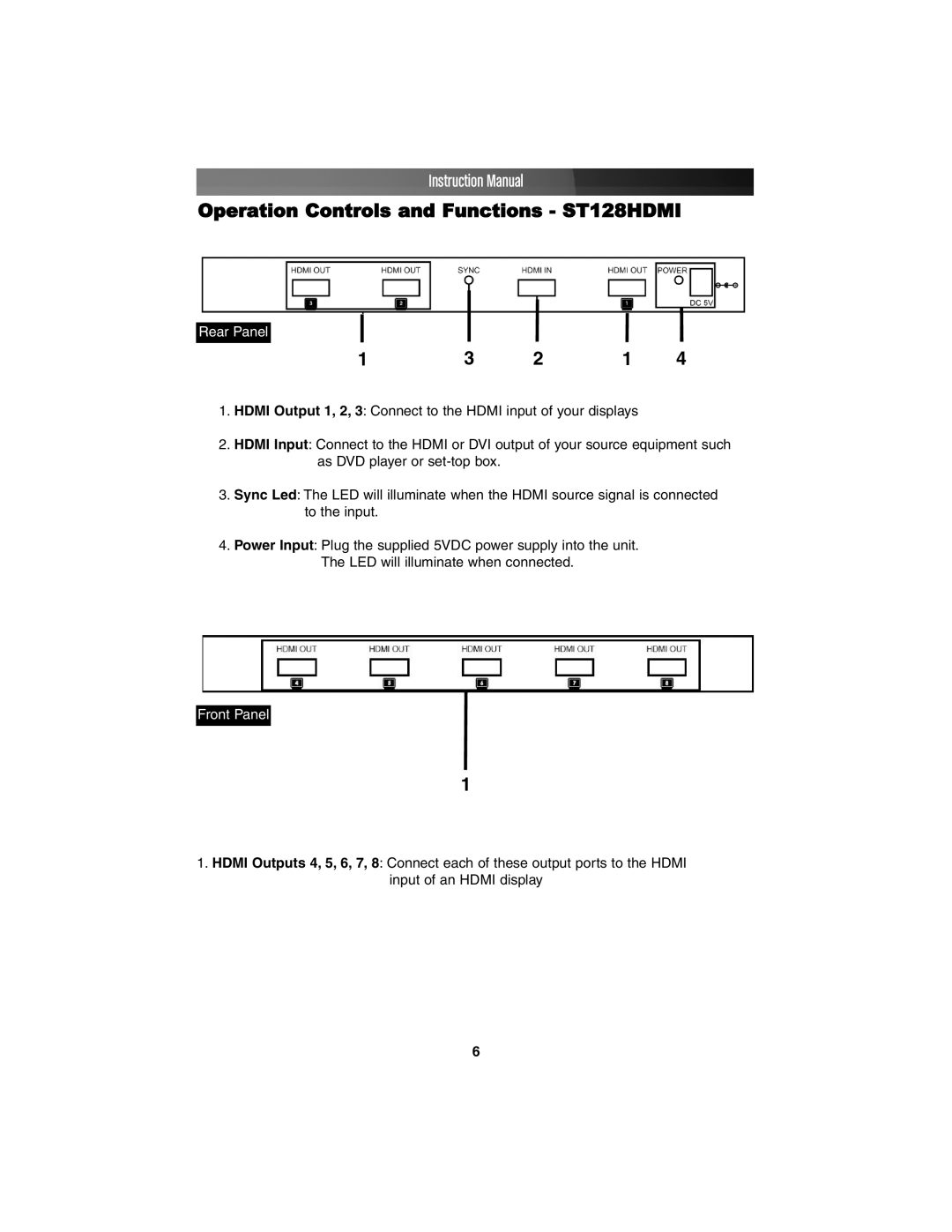 StarTech.com hdmi distribution amplifier instruction manual Operation Controls and Functions ST128HDMI 