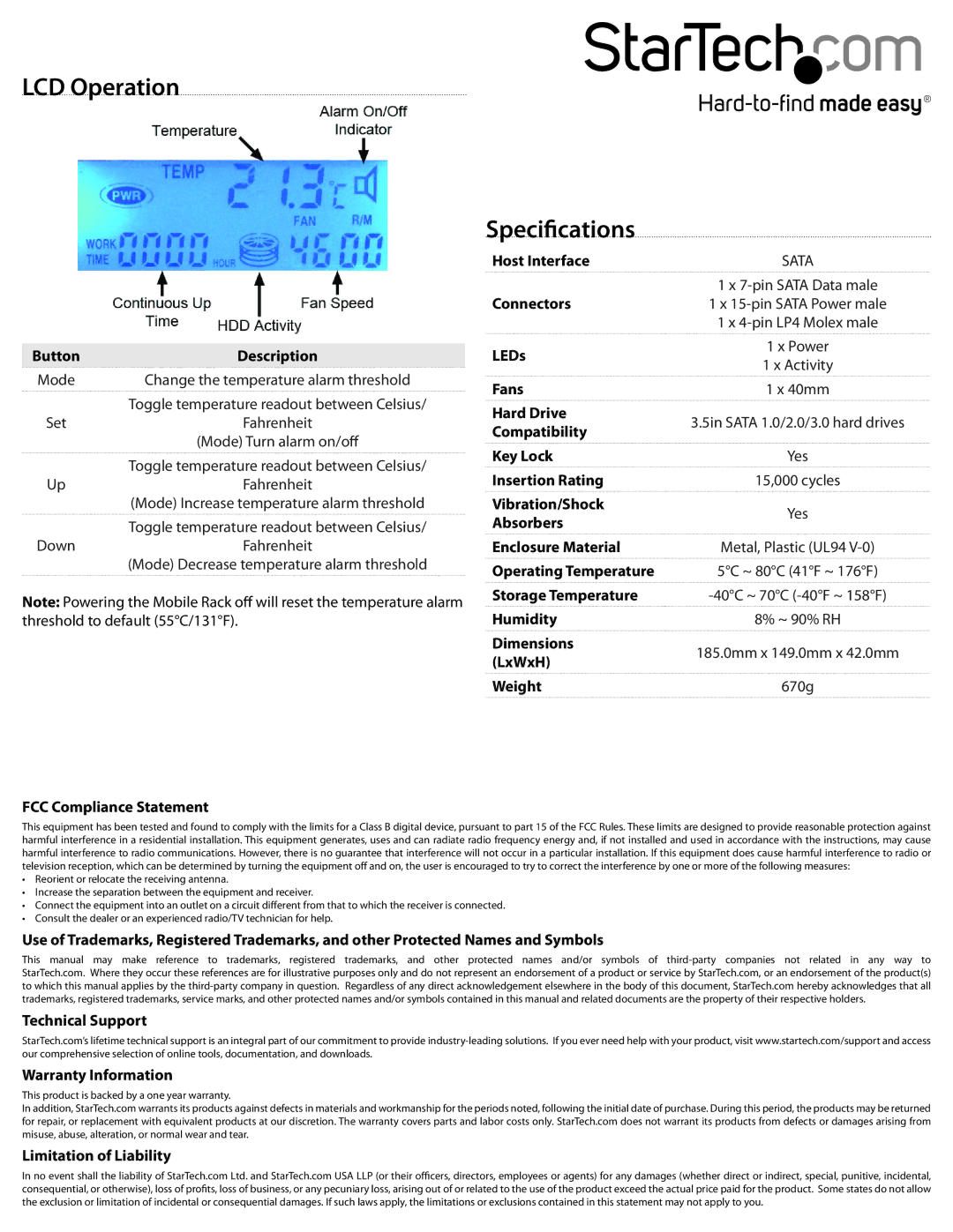 StarTech.com HSB110SATBK instruction manual LCD Operation, Specifications, Button, 670g 