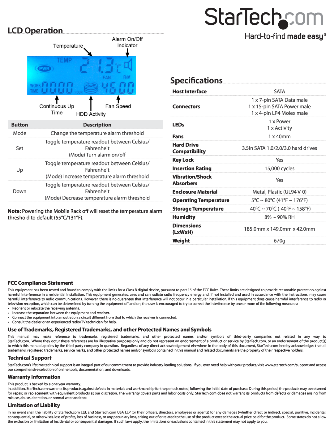 StarTech.com HSB110SATBK LCD Operation, Specifications, Button, Mode, Down, 8% ~ 90% RH 185.0mm x 149.0mm x 42.0mm, Weight 