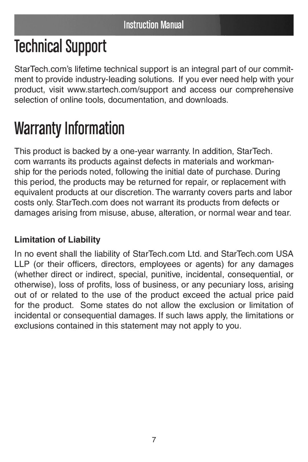 StarTech.com HSB220SAT25B manual Technical Support Warranty Information 