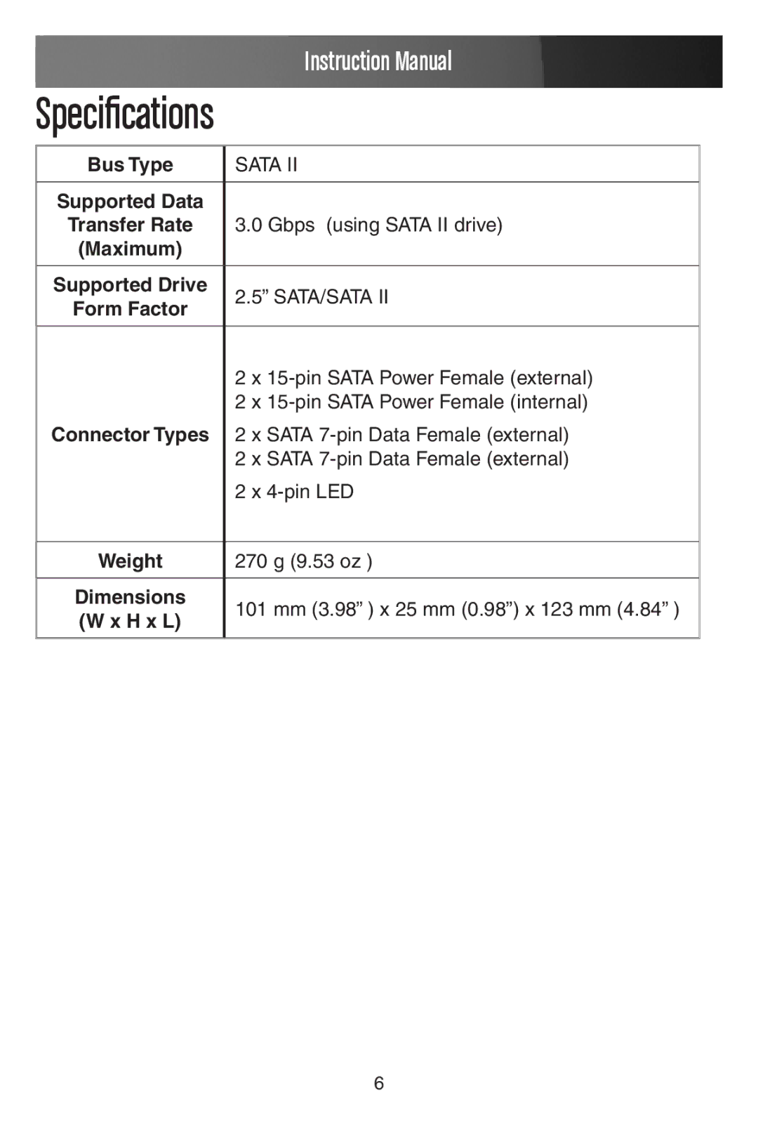 StarTech.com HSB220SAT25B manual Specifications 